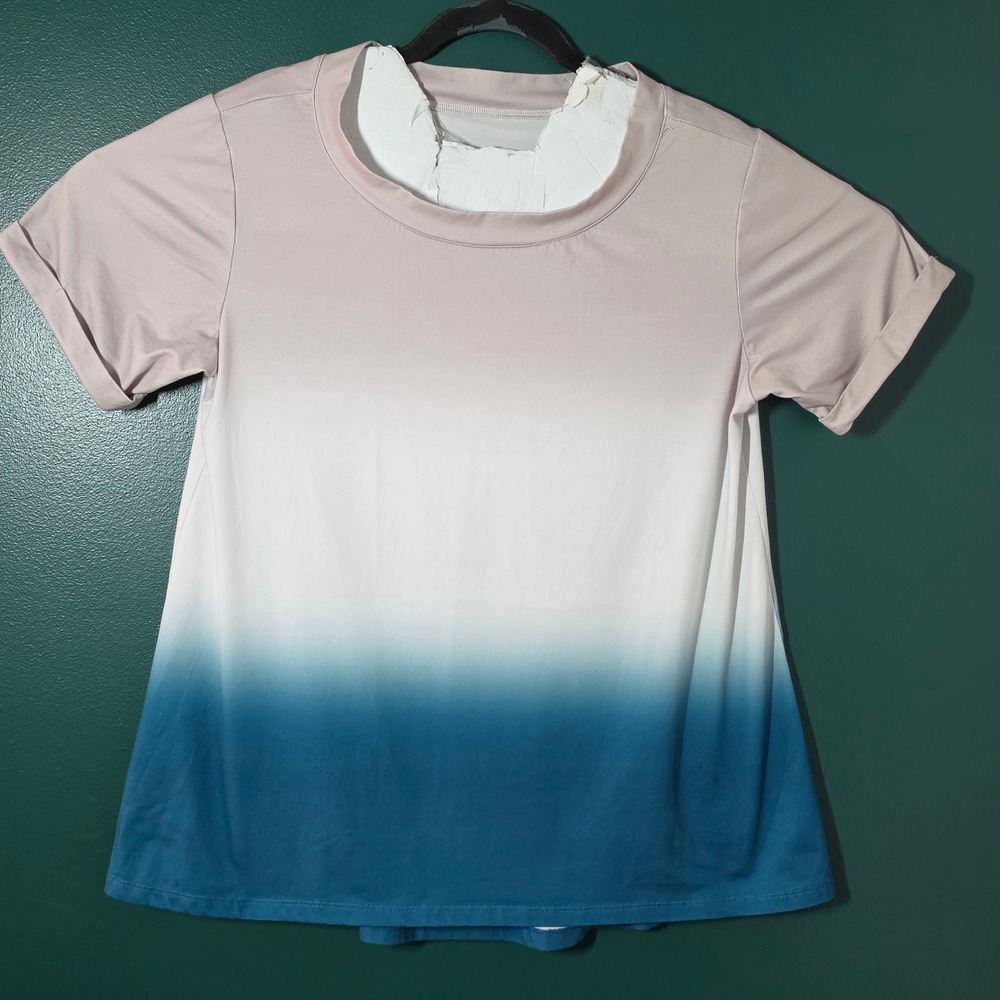 Ombre Short Sleeve Top Mauve White Teal Blue Gradient Cuffed Tee Relaxed Fit